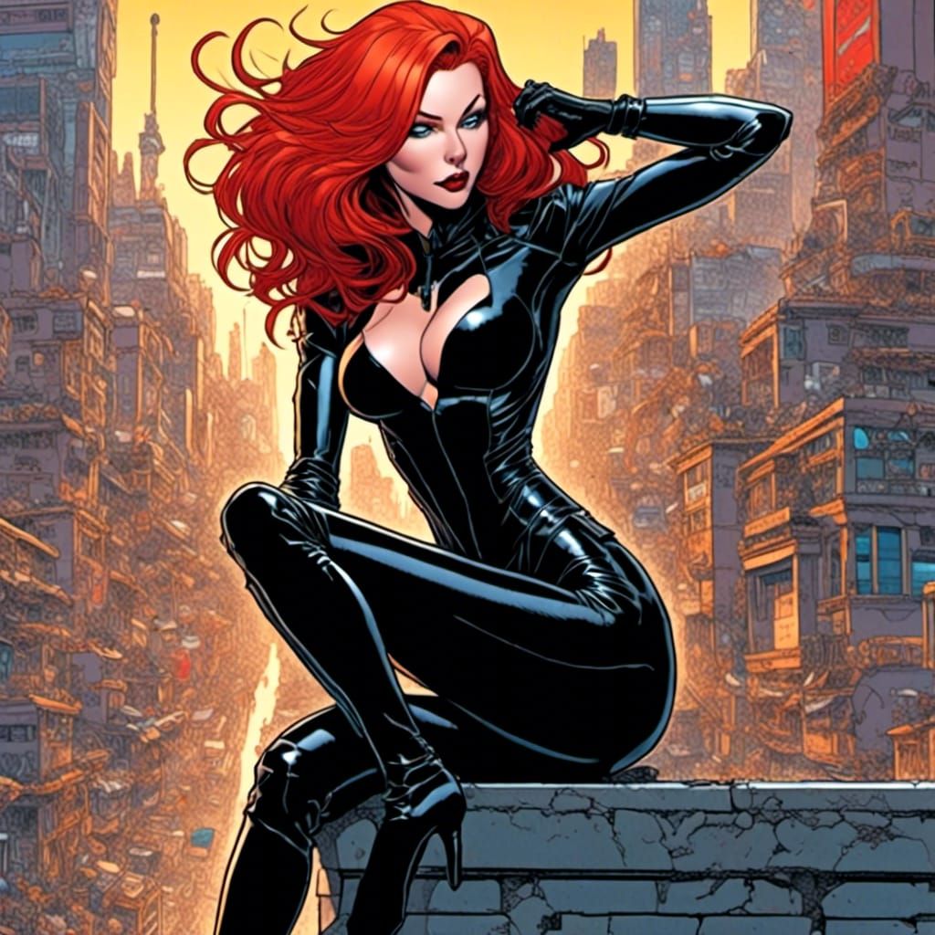 Woman in Black Catsuit, Vivid Comic Style