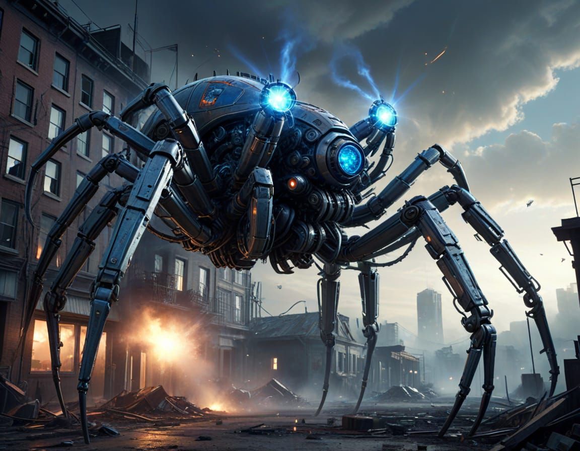 Mechanical Spider Laser Cannon in Dystopian City