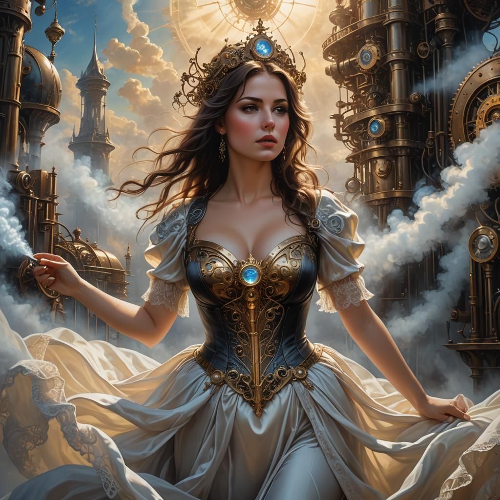 Fantasy Woman in Ethereal Steampunk Landscape