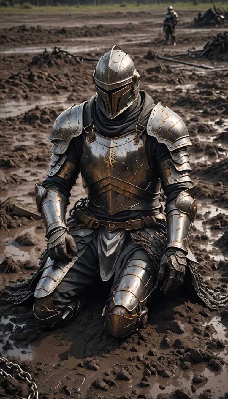 Sorrowful Knight in Muddy Battlefield: Hyperrealistic Render