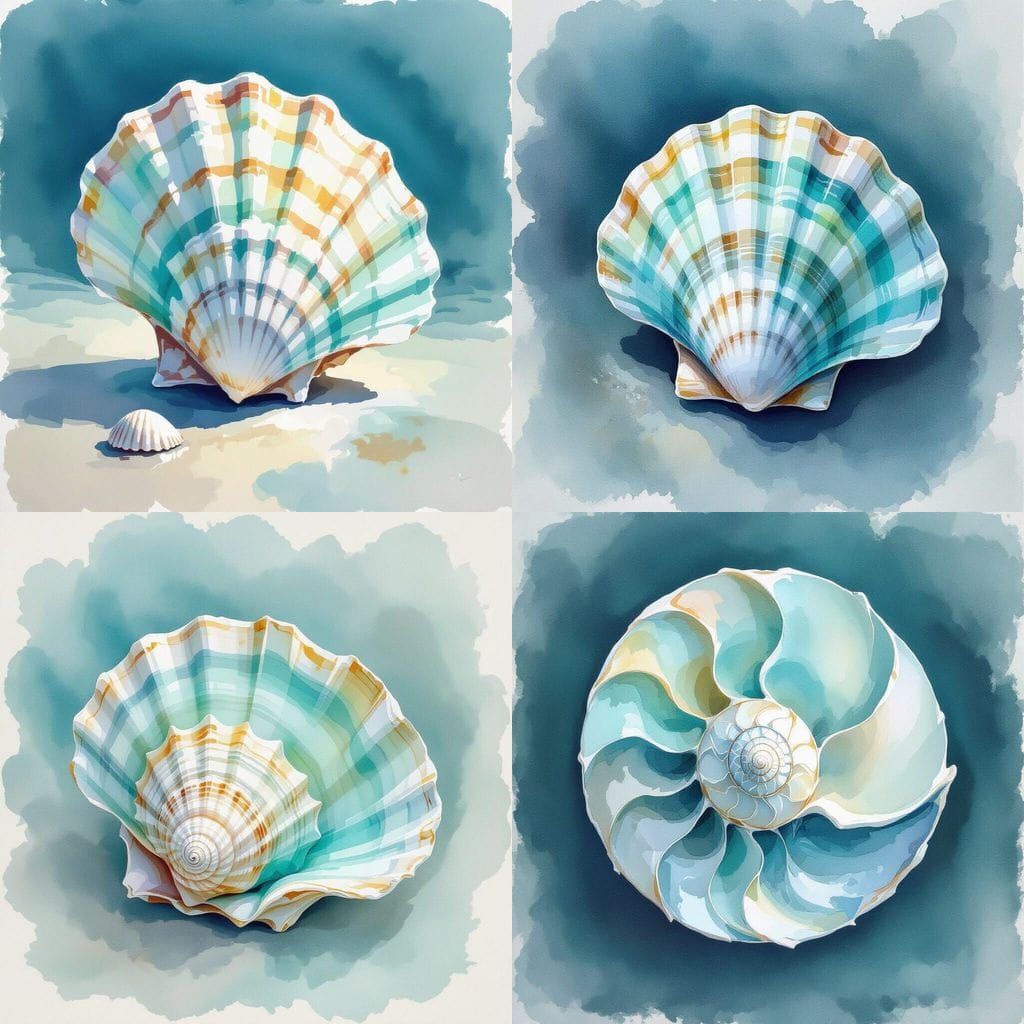 Watercolor Seashell Art: Blended Turquoise and White Hues