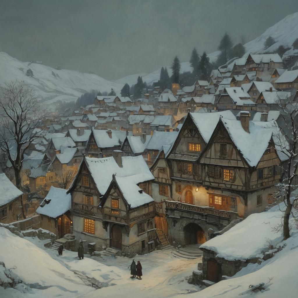 Snowy Alpine Village at Twilight: Digital Masterpiece