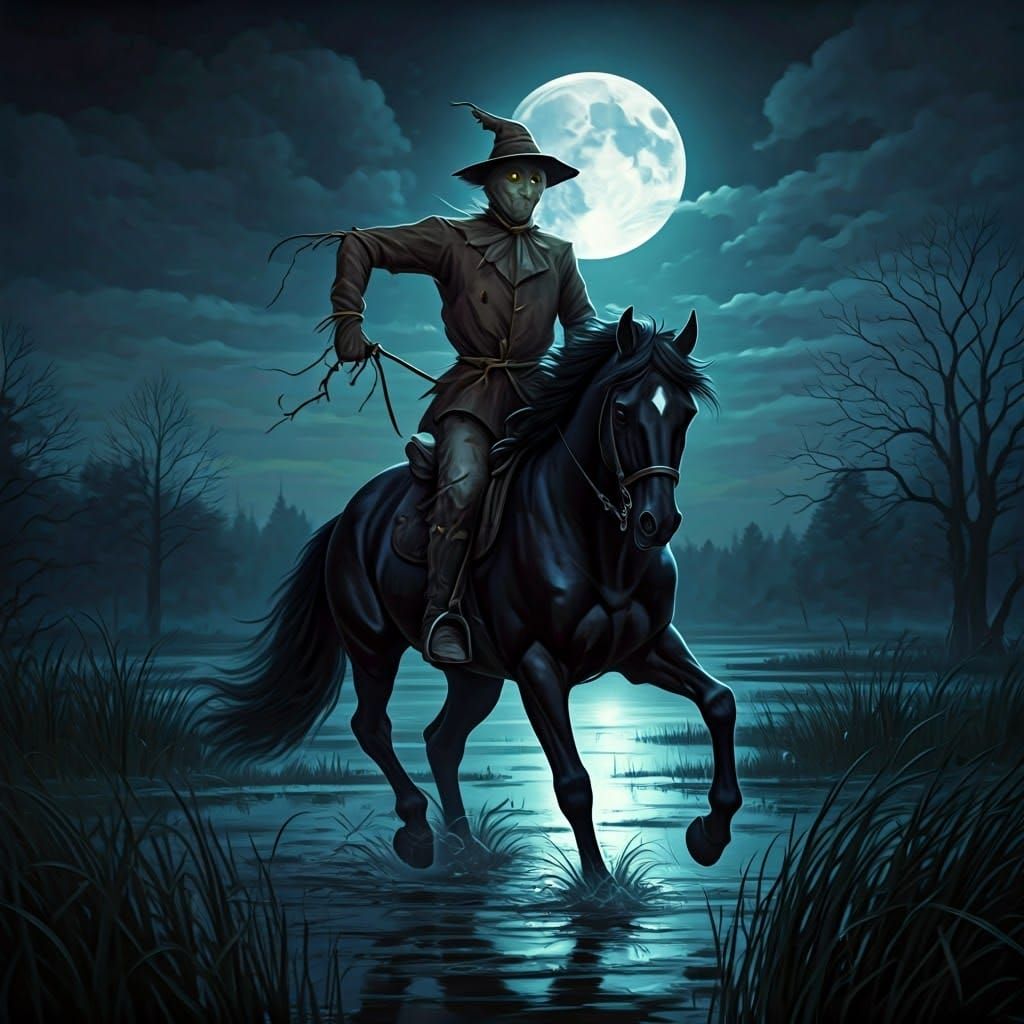 Sinister Scarecrow Horseman in Dark Oil Painting