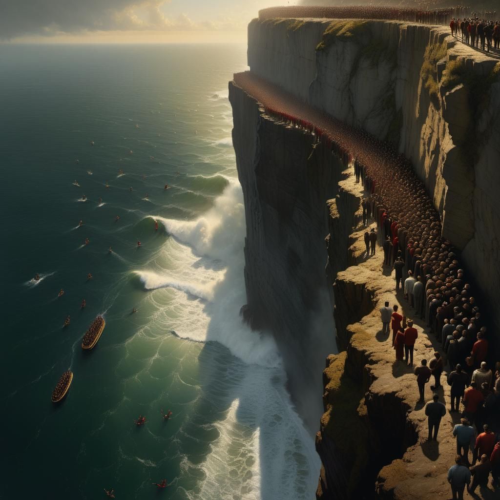 Crowd Awaits Cliff Jump: Hyperrealistic Mixed-Media Photogra...