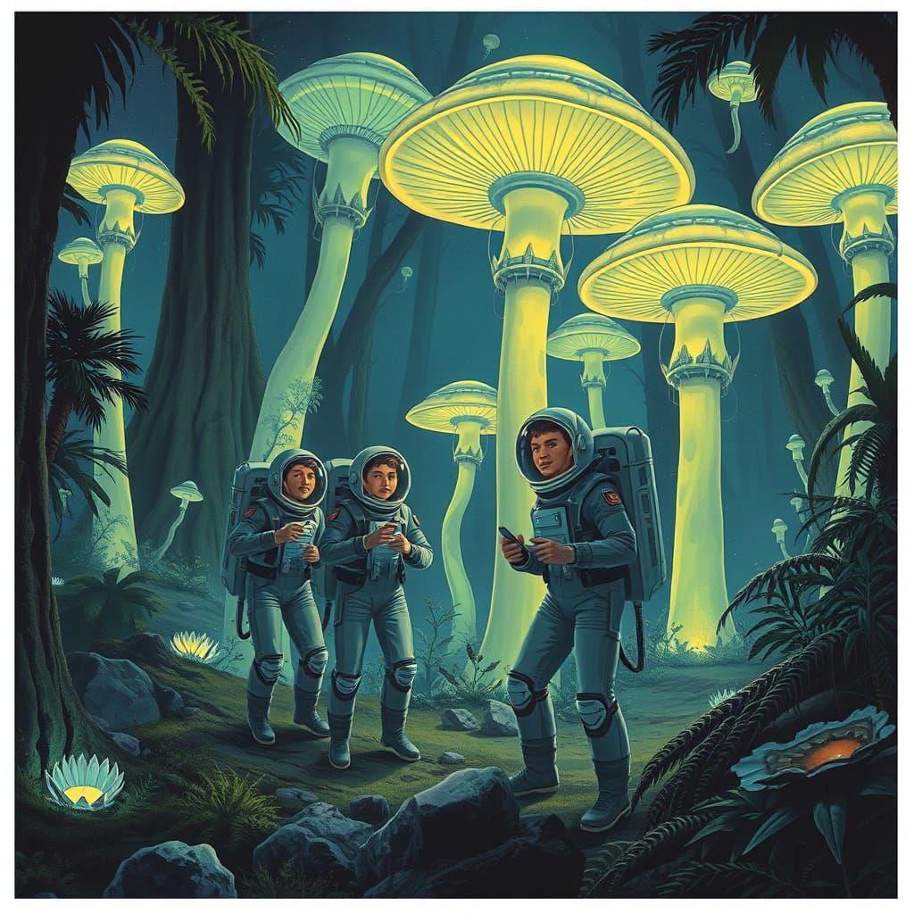 picture a team of astronauts exploring a lush, bioluminescen...