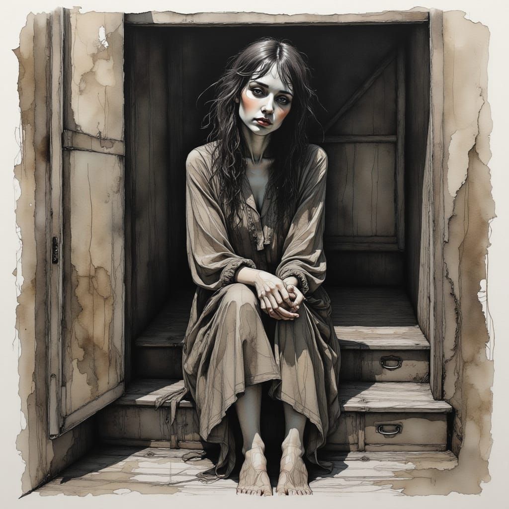 Haunted Woman in Shadowed Asylum Room Sketch