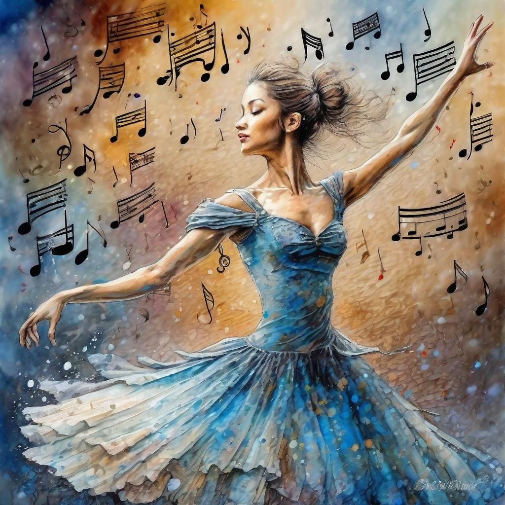 Ballerina Dances with Music Notes in Aquarelle Style