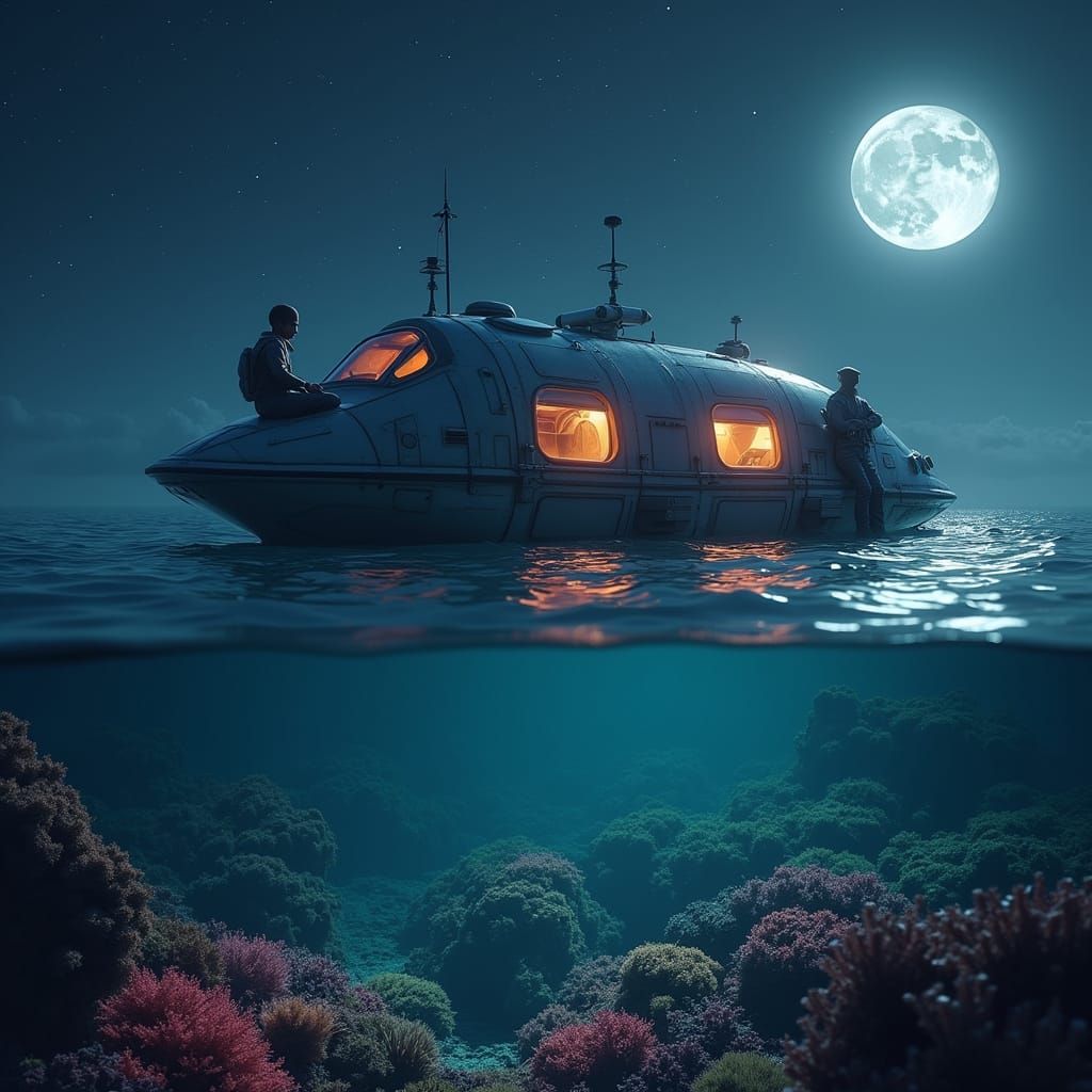 Astronaut on Space Pod by Moonlight Over Coral Reef