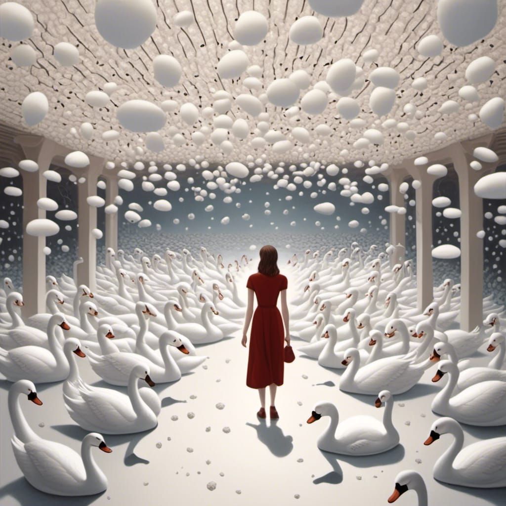 Woman Enters White Void with Swans and Music