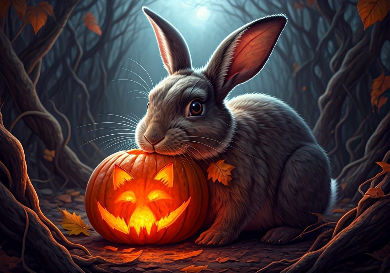 Rabbit Eats Fox Jack-o'-Lantern in Garden Illustration