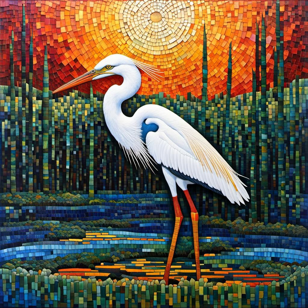 Egret in Mosaic Landscape: A Digital Masterpiece
