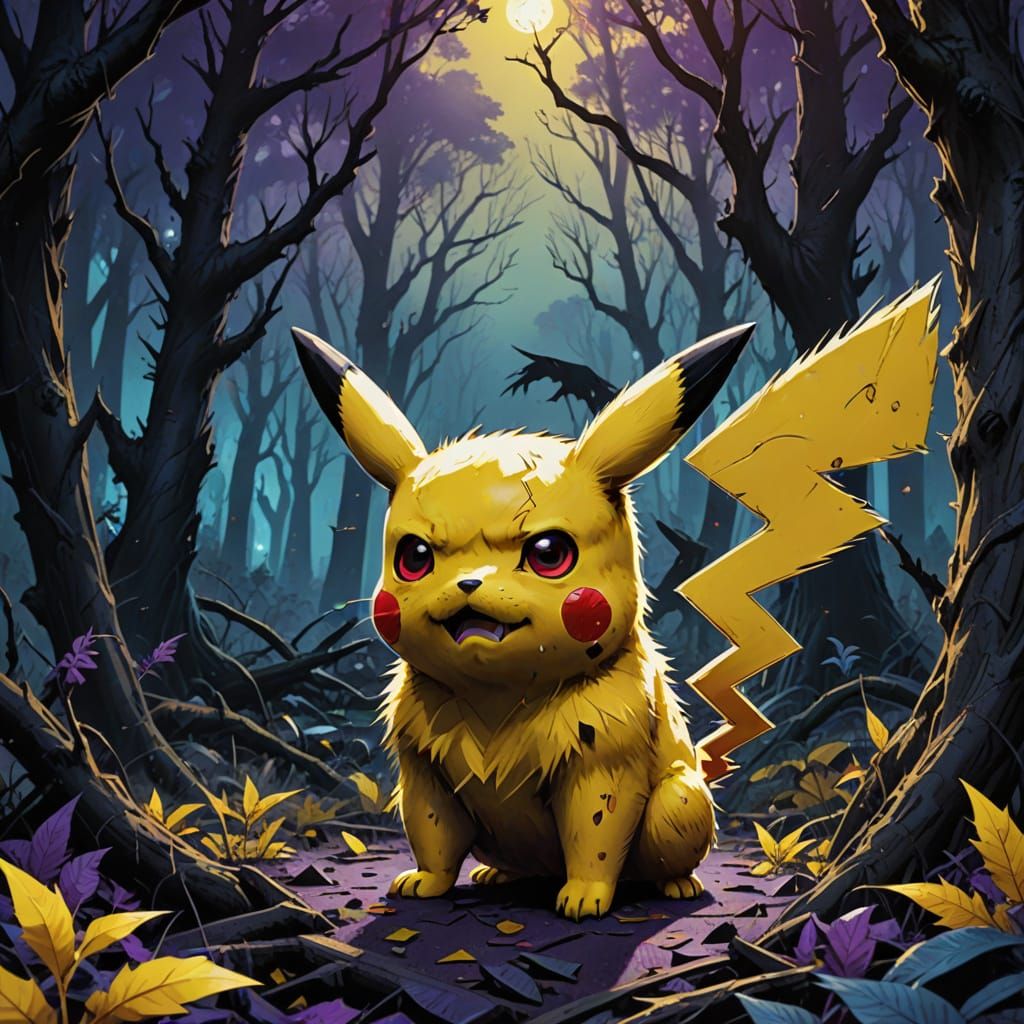 Hyperrealistic Pikachu Zombie in Dark Fantasy Landscape