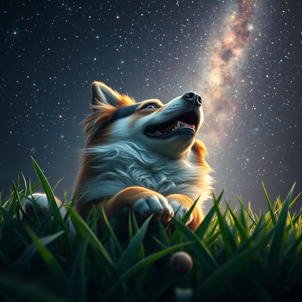 Joyful Canine Gazes Up At Celestial Tapestry Under Starry Ni...