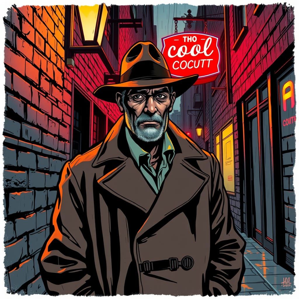 Noir Detective in Rain-Slicked Alley