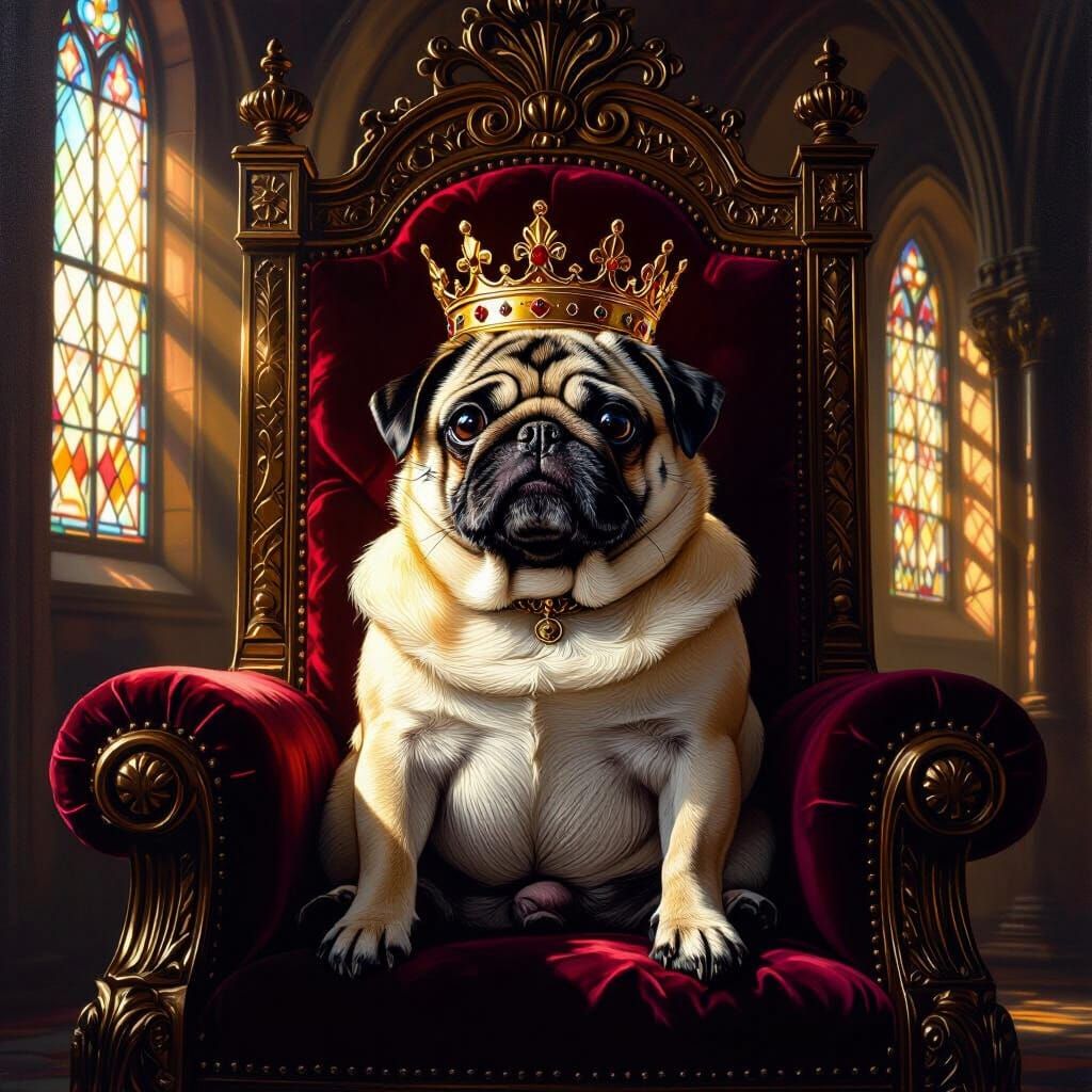 Regal Pug on Throne in Medieval Castle