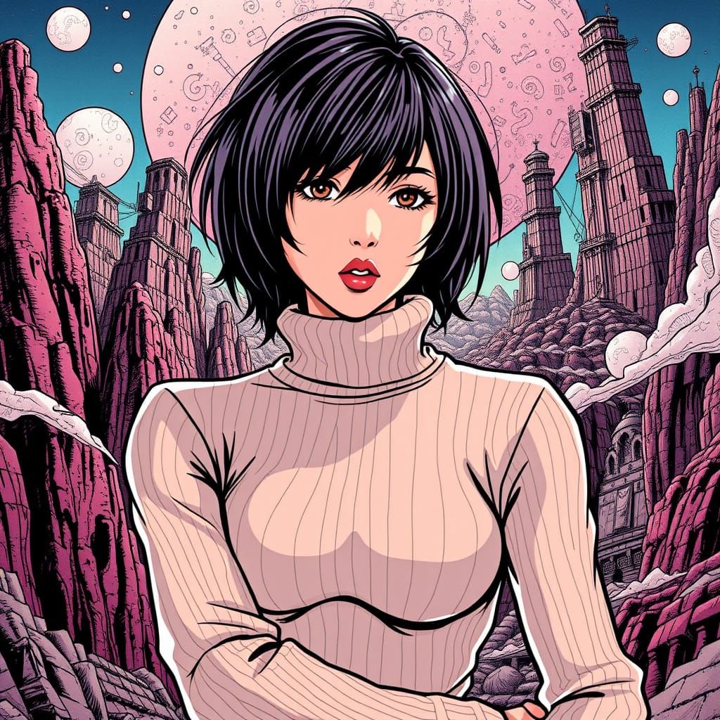 Miki in Moebius-Inspired Surrealist Landscape with Manga-Esq...