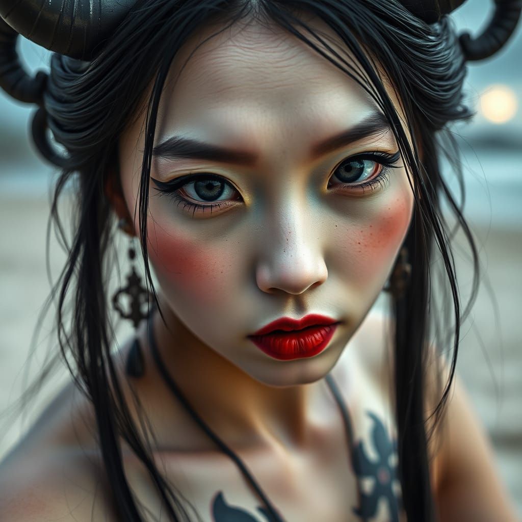 Artistic Portrait of a Chinese She-Devil on a Moonlit Beach