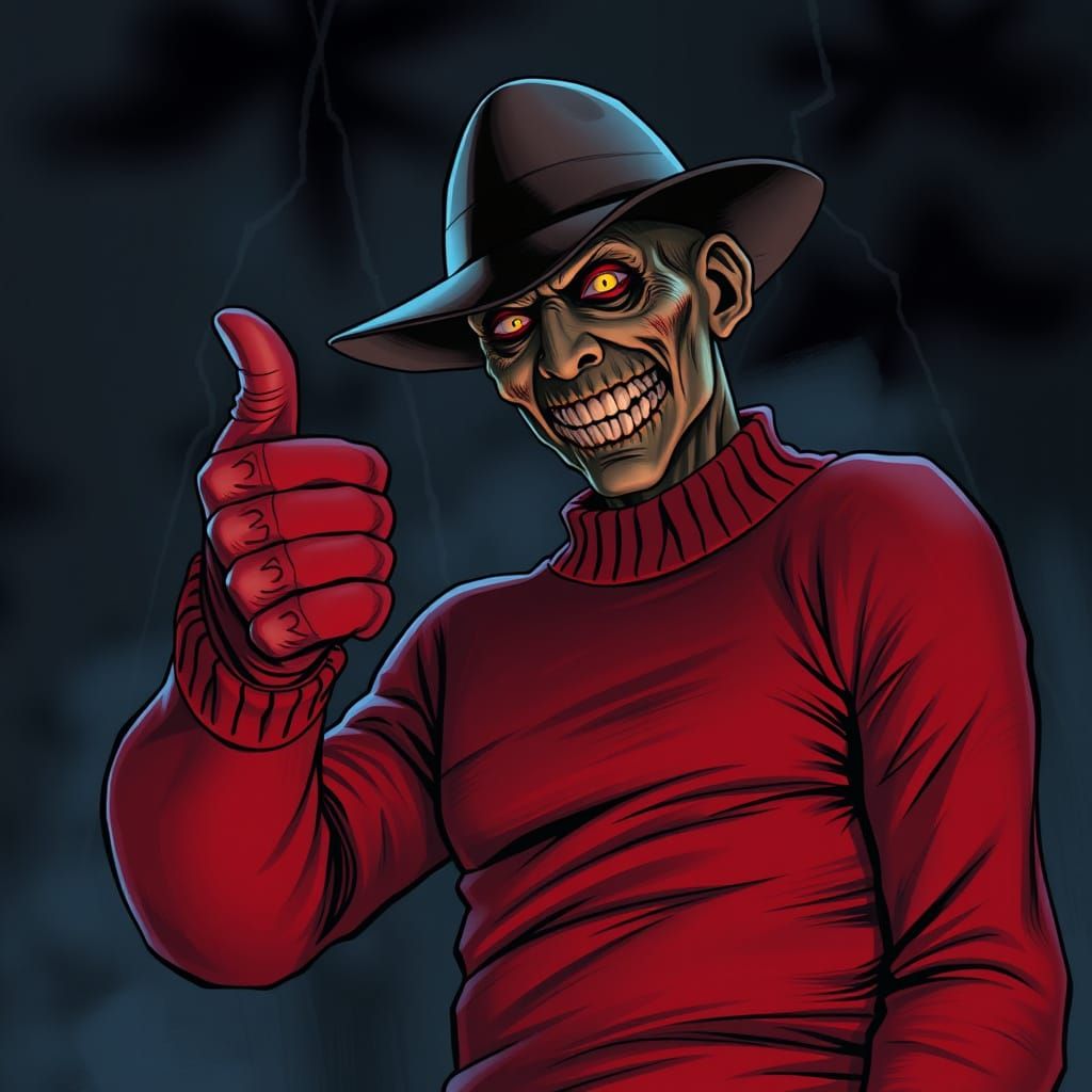 Freddy Krueger Thumbs Up in Dark Dreamscape