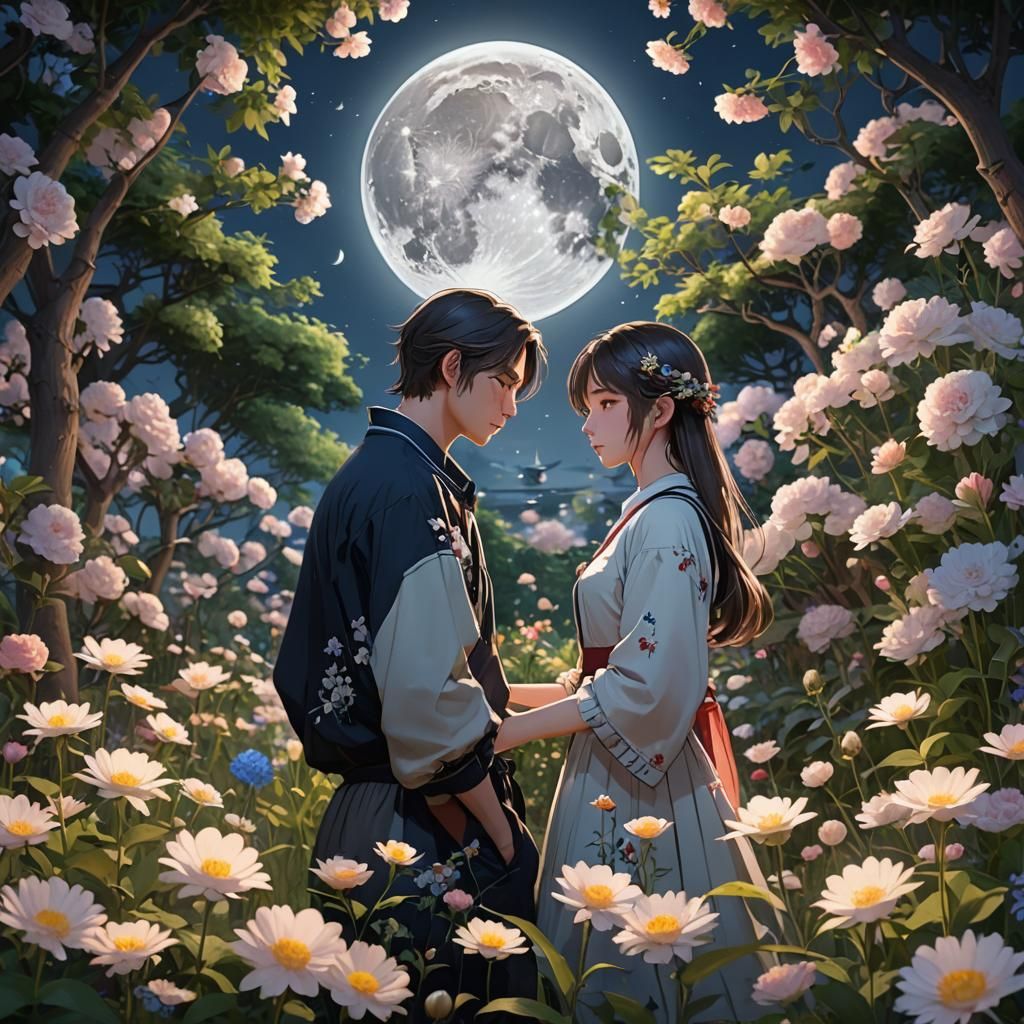 Romantic Evening Garden Scene in 3D Anime Style