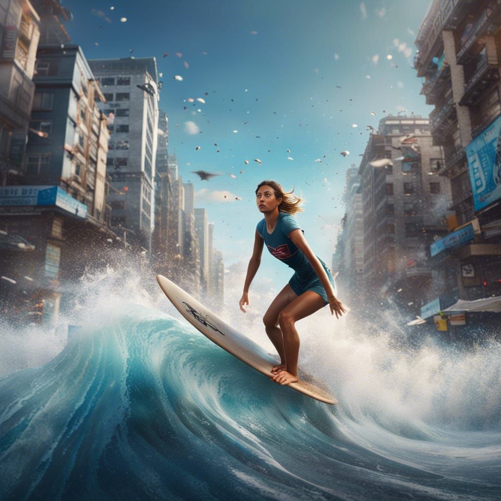 Girl Surfing Tsunami Waves: Detailed Matte Painting
