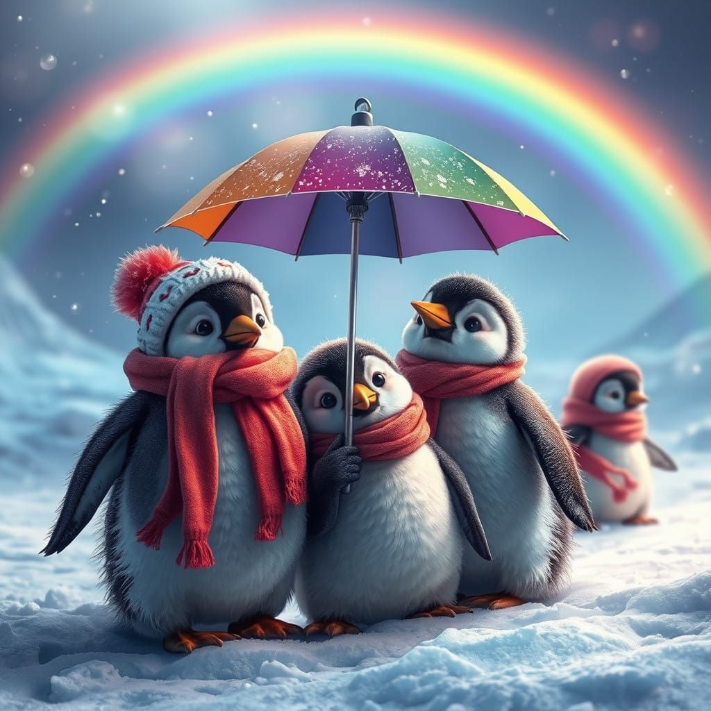 Penguins Under Rainbows and Snowflakes in Fantasy Landscape