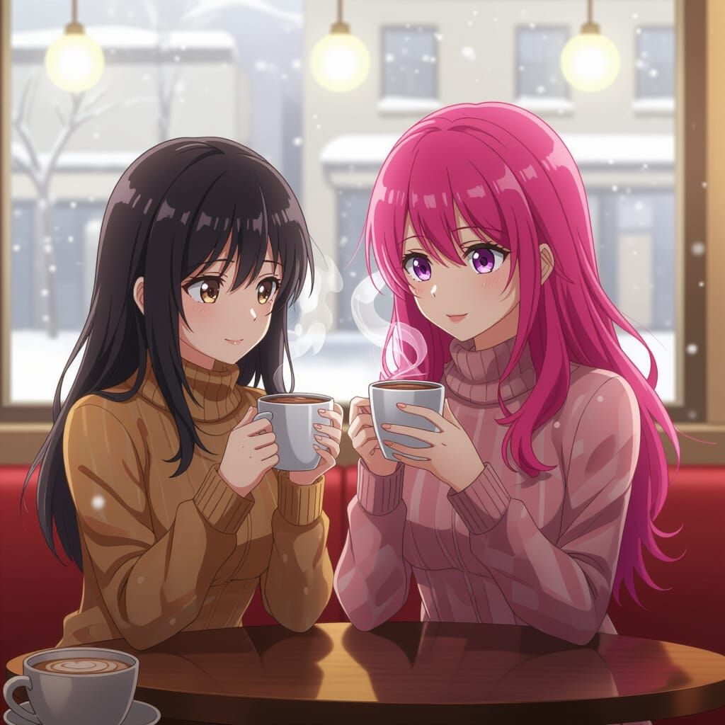 Anime Cafe Scene: Friends Enjoying Hot Chocolate
