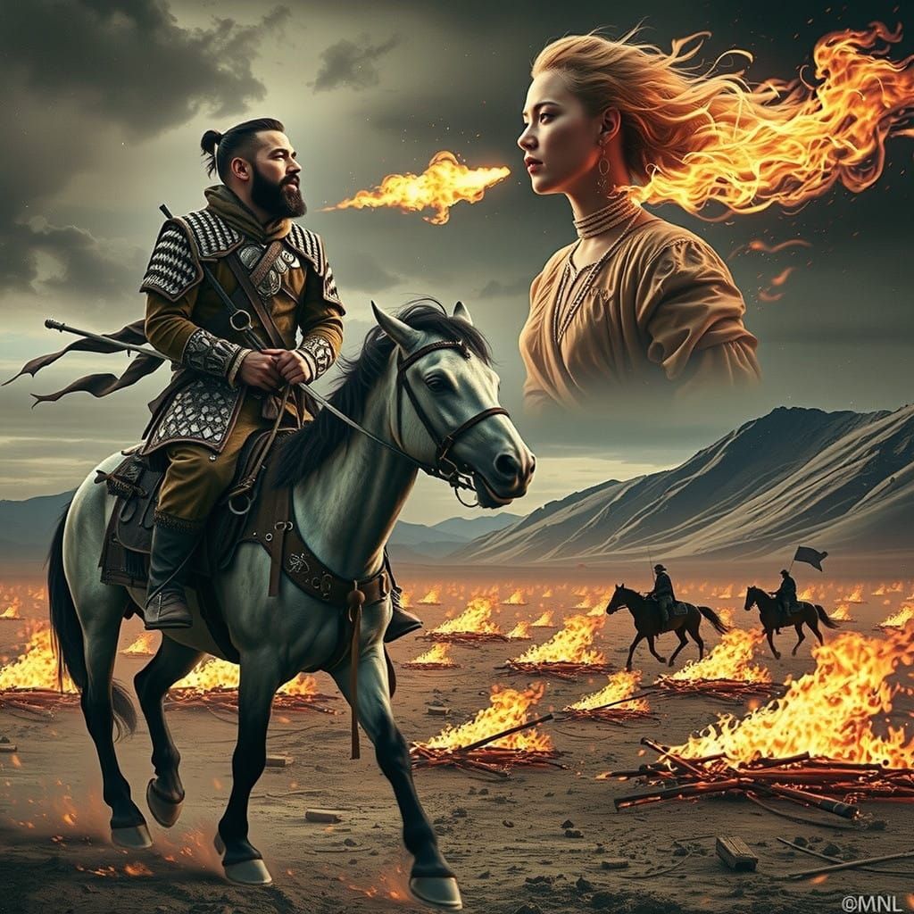 Ethereal Mongolian Warrior Rides Through Inferno