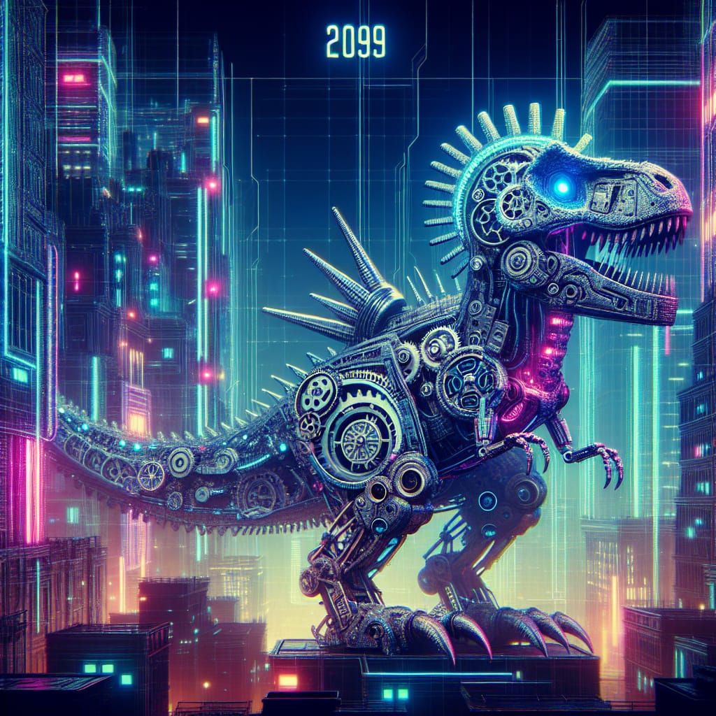Steampunk Dinosaur Dominates Cyberpunk Cityscape