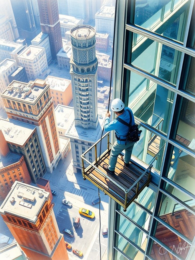 Window Washer's Reflective Cityscape