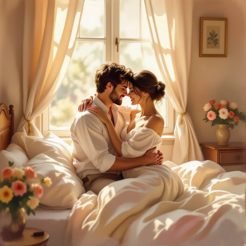 Intimate Couple in Sunlit Bedroom, Romantic Painterly Style
