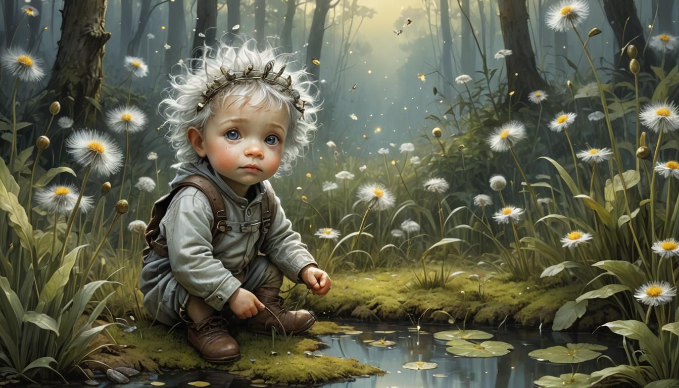 Silver Firefly in Dandelion Field, Impressionistic Style