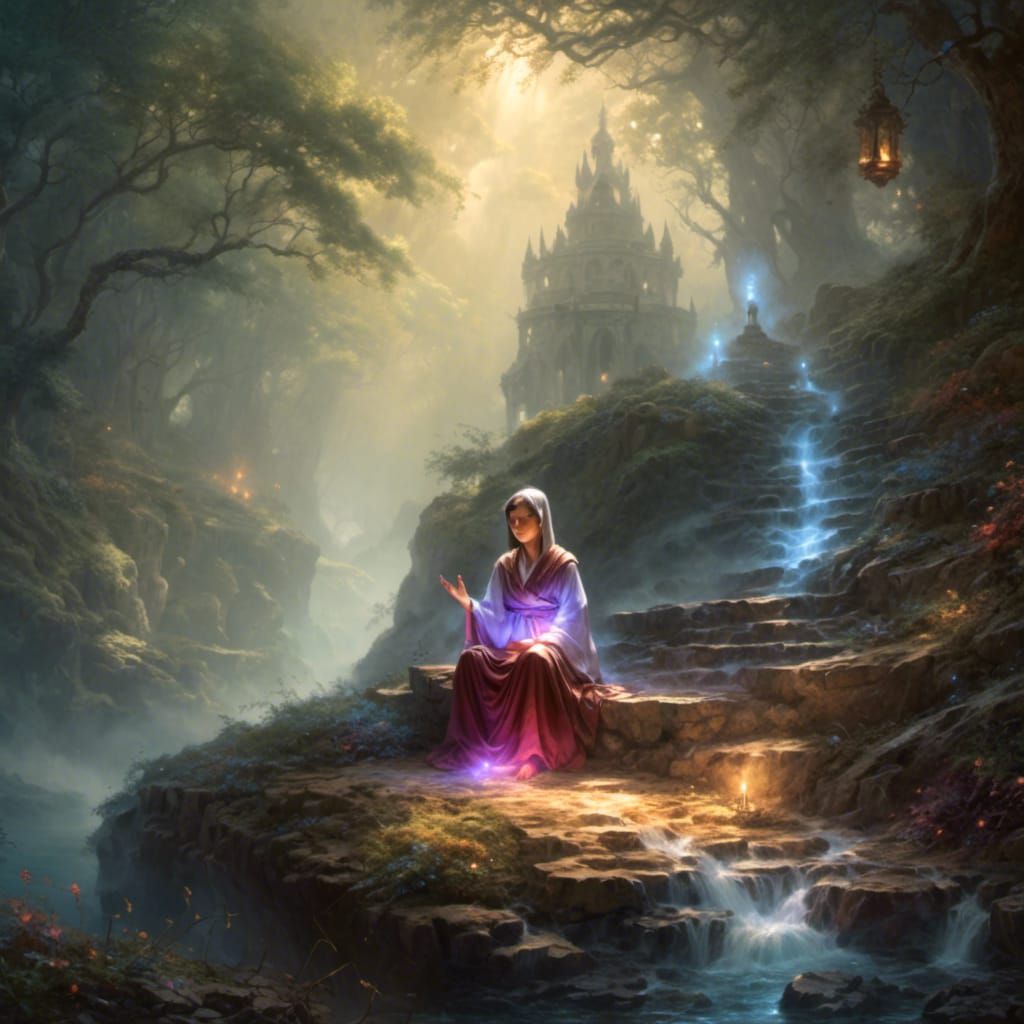 Ethereal Woman Monk Meditating with Glowing Aura