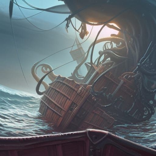 Kraken Attacks Pirate Ship in Graphic Novel Style