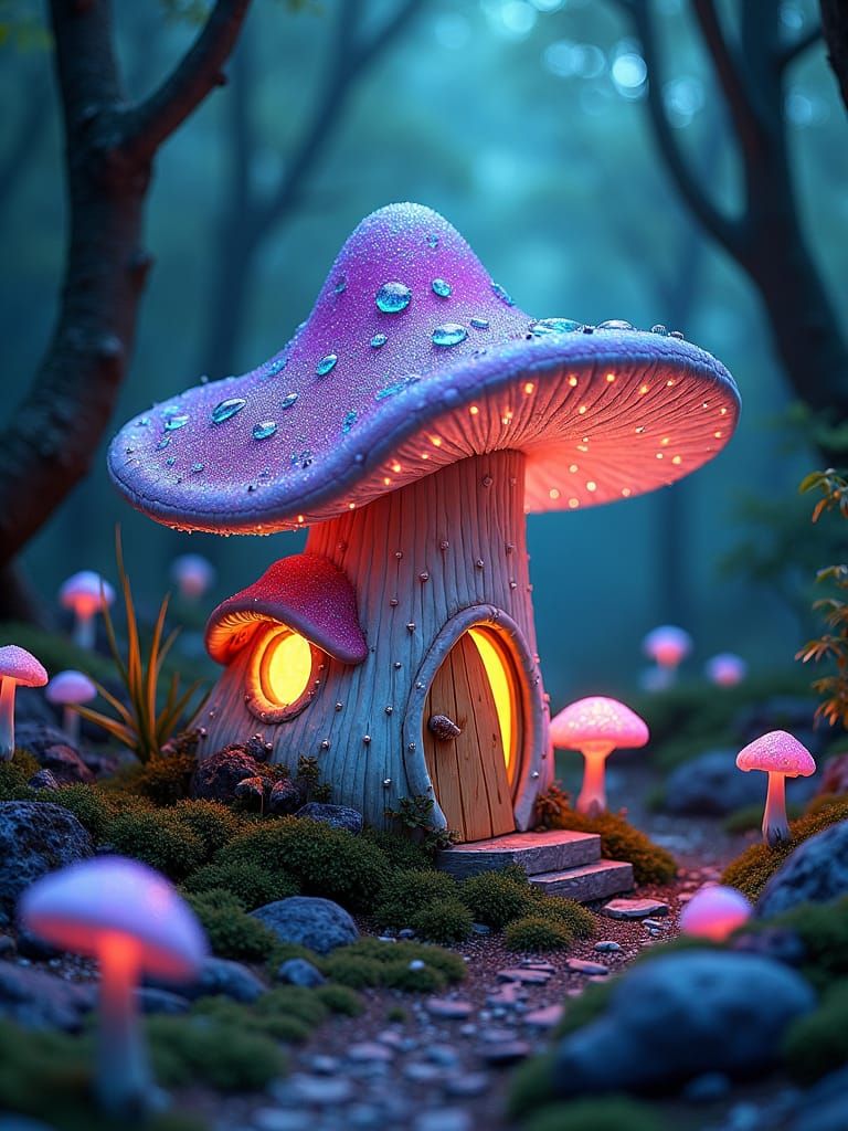 Enchanted Fairy Mushroom House in Bioluminescent Forest