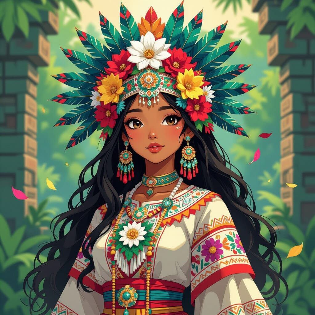 Aztec Girl in Anime Manga Style with Floral Headdress