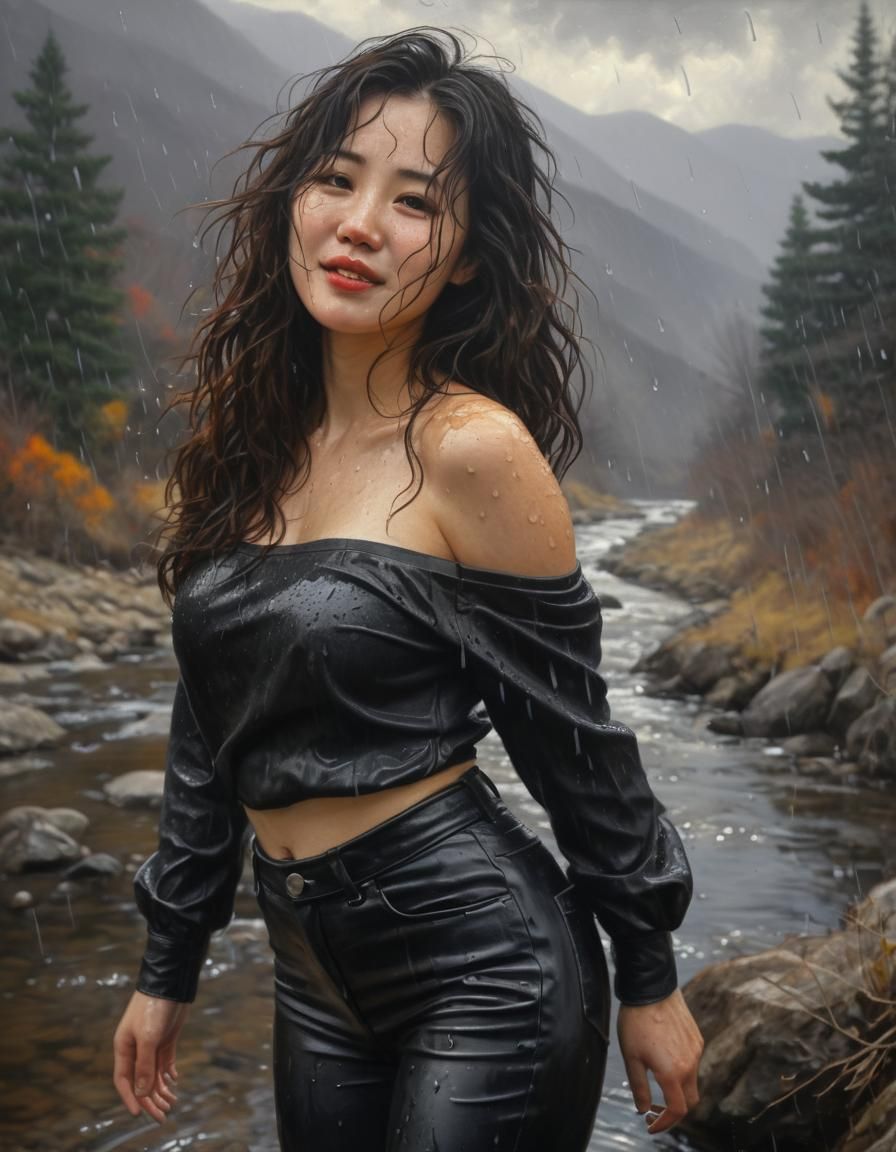Chiaroscuro Oil Painting of Woman in Rainy Landscape