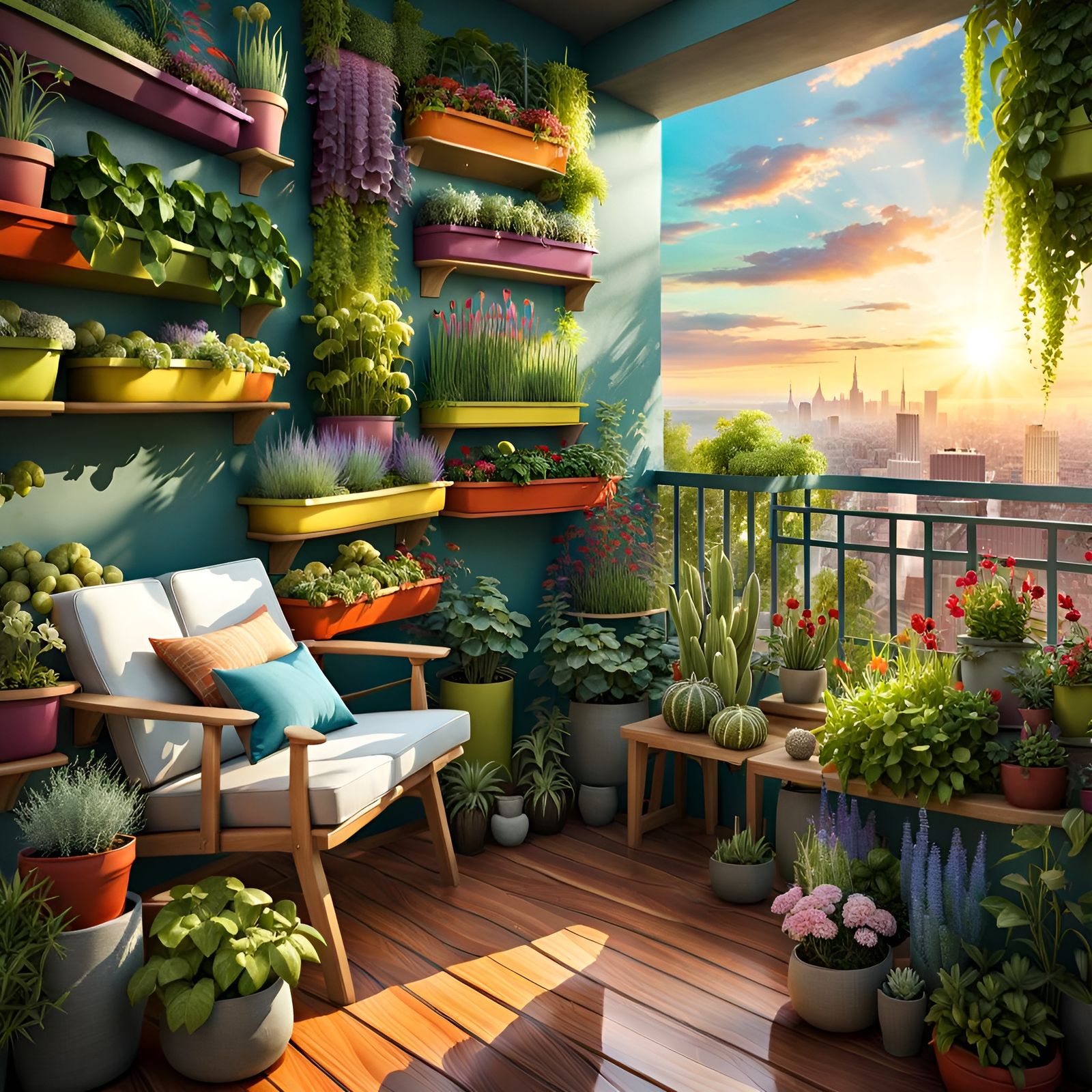 Lush Balcony Garden in Polychromatic Watercolor