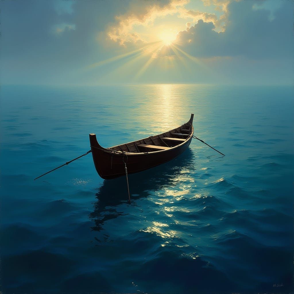 Realistic Ocean Landscape with Abandoned Rowing Boat