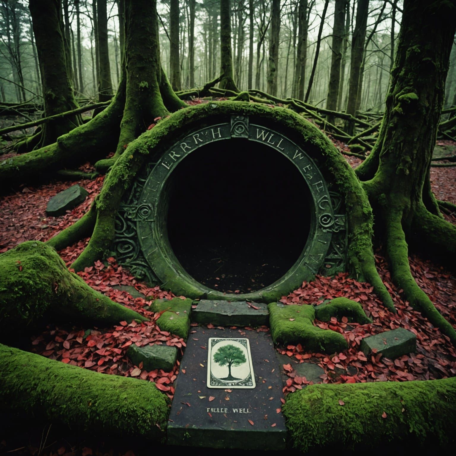 Tarot Card: The Earth, Mossy Well in Dark Forest
