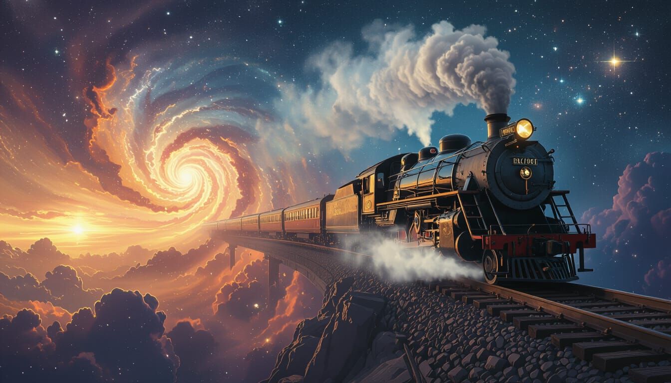 Vintage Steam Train Soaring Through the Cosmos