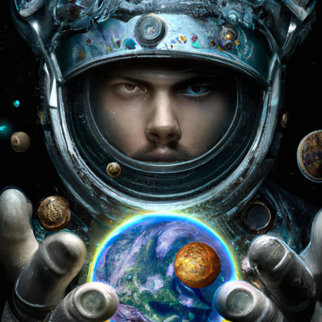 Astronaut Holding Earth with Runes, Digital Illustration