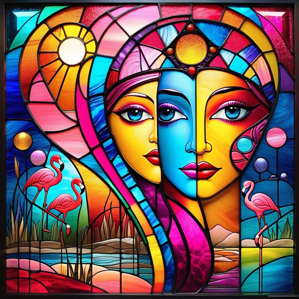 Flamingos in Stained Glass Chalk Art