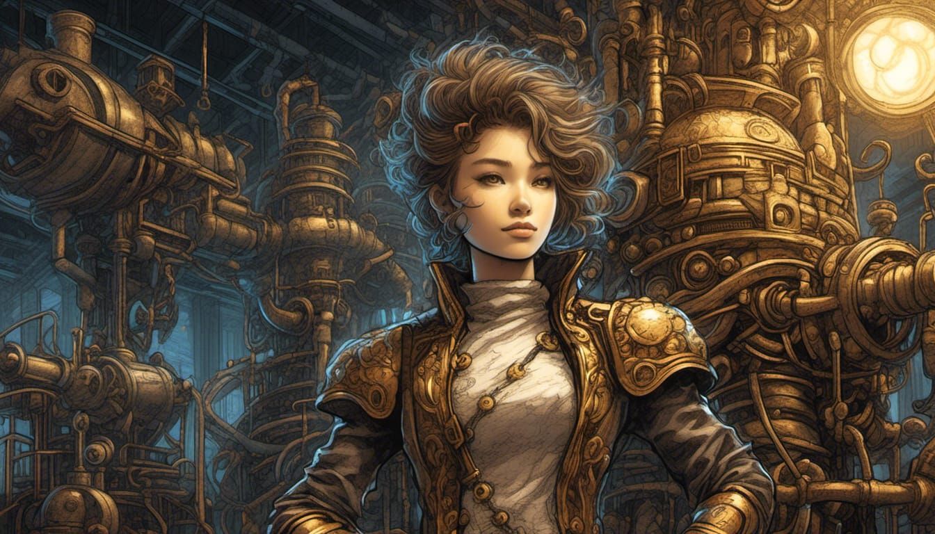 Retro Comic: Person and Steampunk Machine