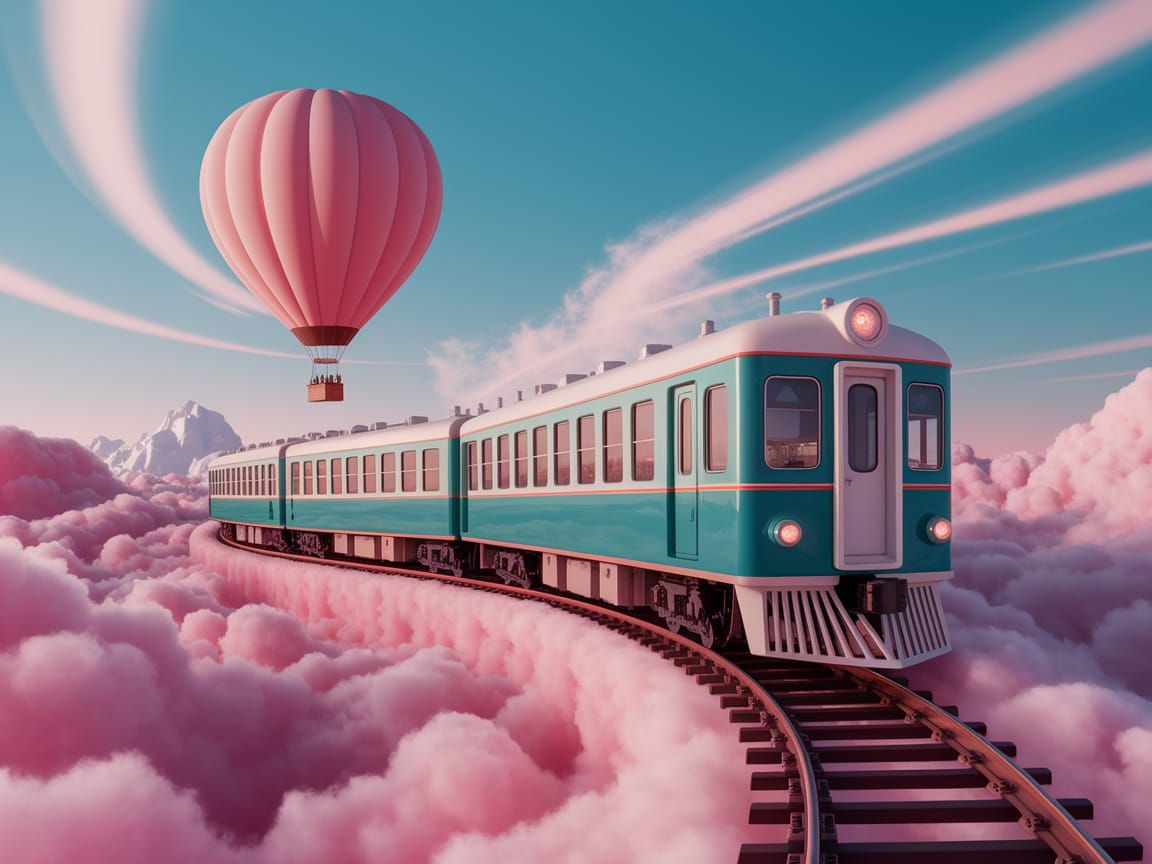 Teal Train Journey Through Pink Cloudscape
