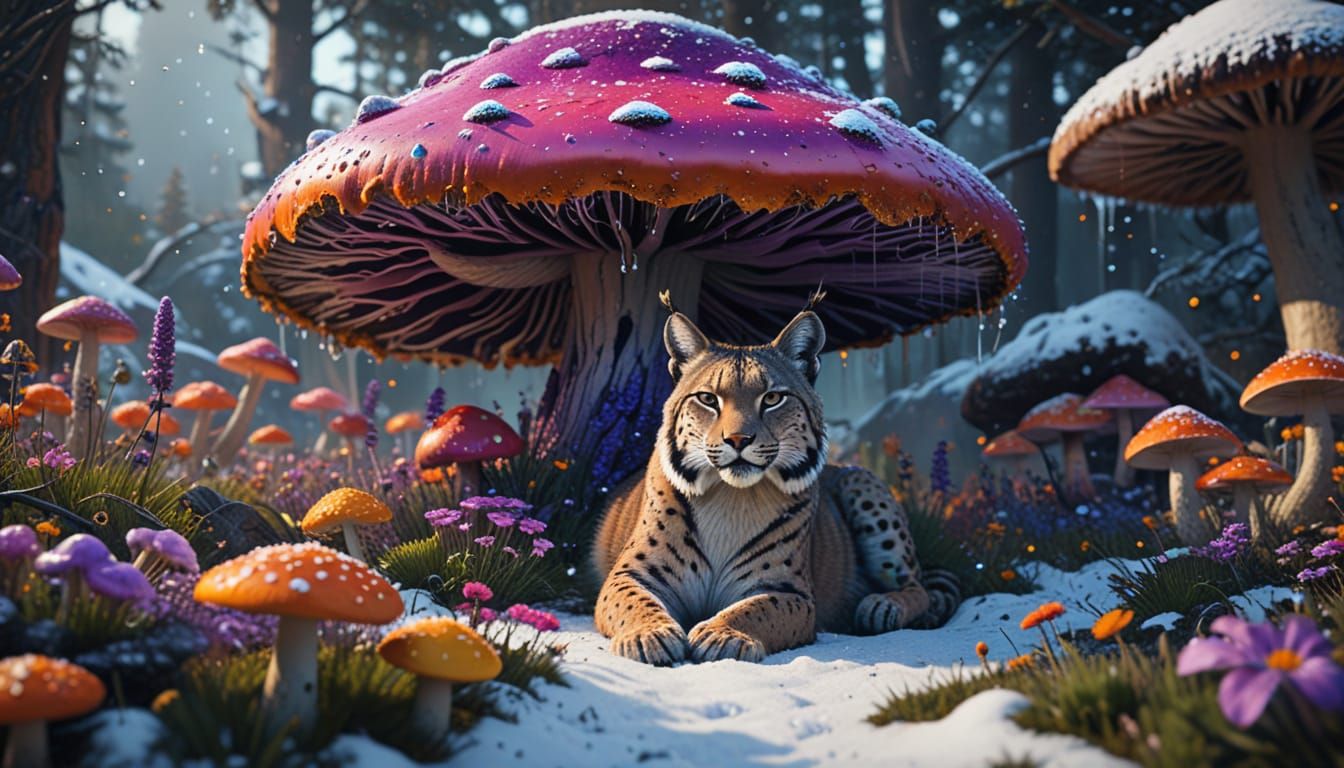 Dreamy Iberian Lynx Amidst Neon Mushrooms in a Snowy Fantasy