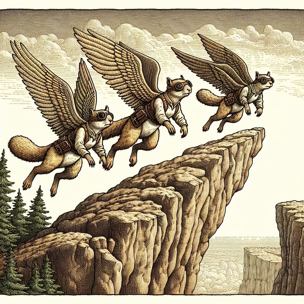 Winged Squirrels' Cliffside Adventure Etching