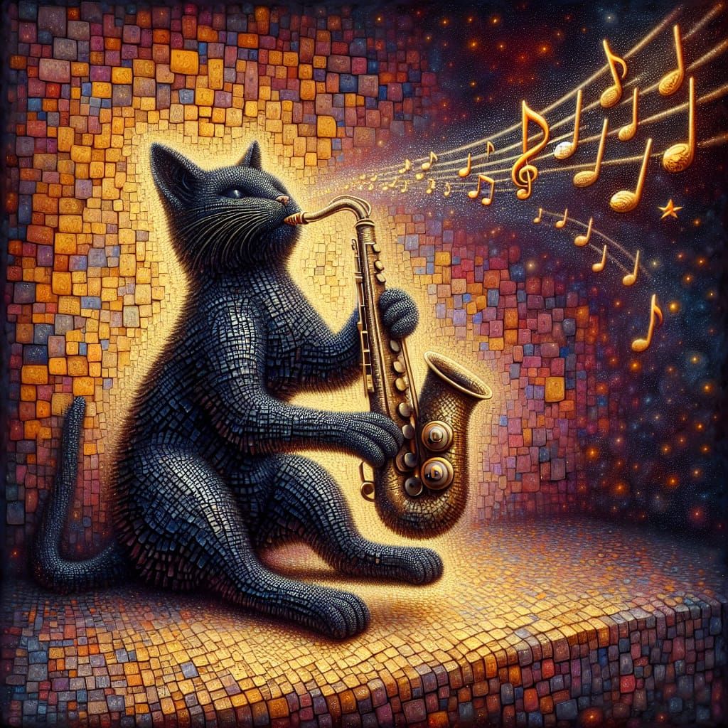 Black Cat Plays Saxophone in Hypermaximalist Digital Art