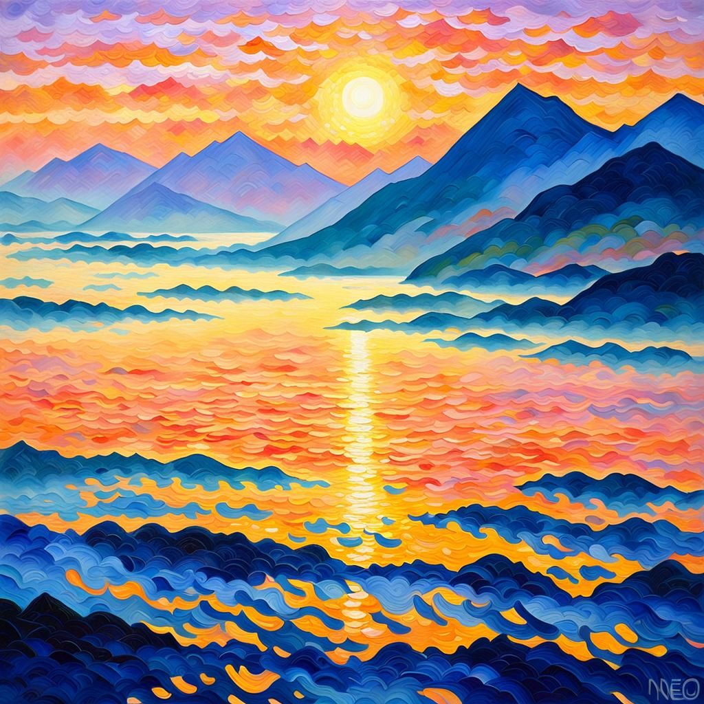 Mountain Sunrise: Neo-Impressionistic Oil Painting