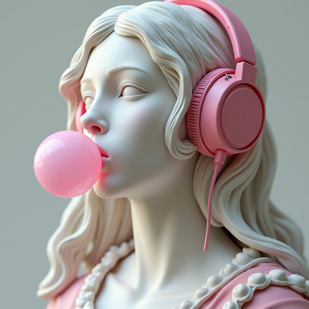 Hyper-Realistic Marble Statue of Woman with Pink Headphones....