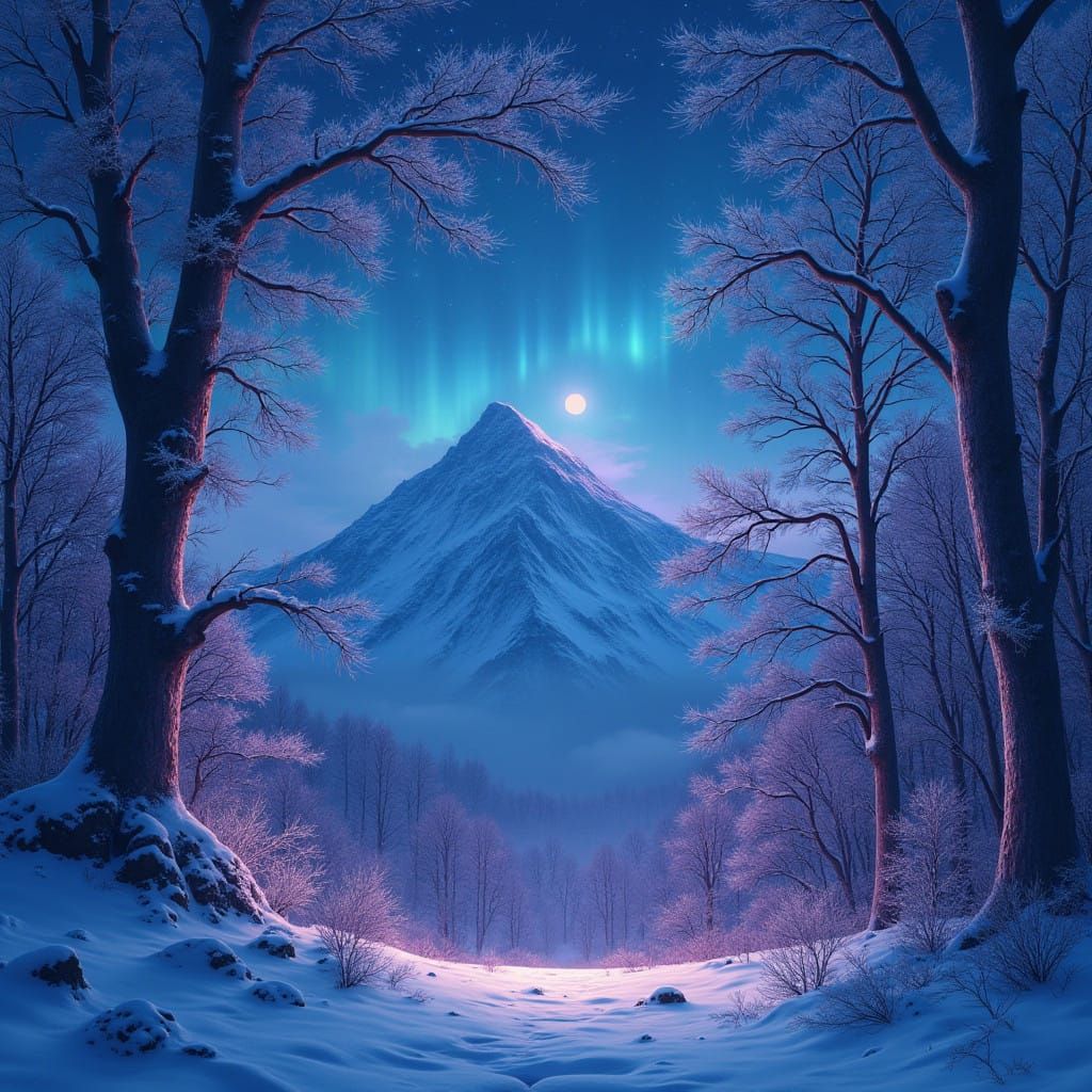 Ethereal Mountain Landscape with Iridescent Glow and Fractal...